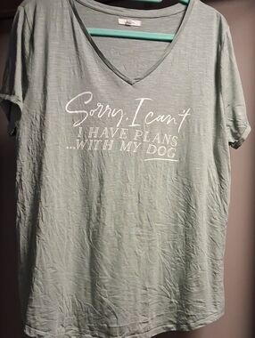 Maurices Light Sage Green V-Neck Tee with White Script